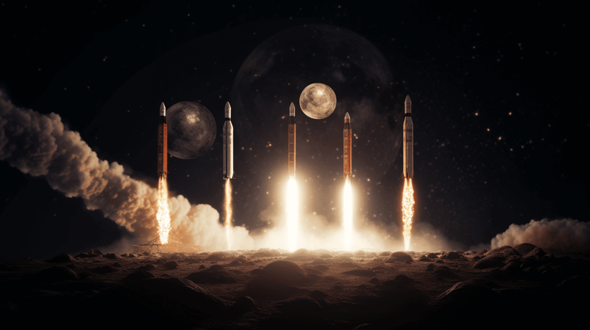 Several rockets aiming for the moon, one noticeably faster